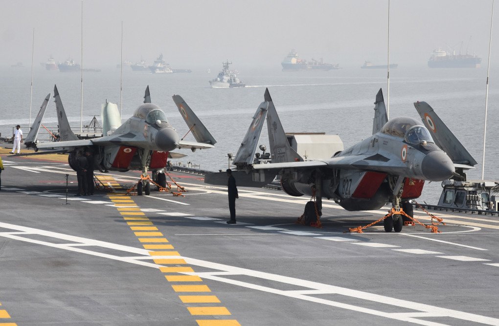 Indian INS Vikrant carries MiG-29K aircraft in the open sea in Mumbai, India, on March 10, 2023. (Source: Getty Images)