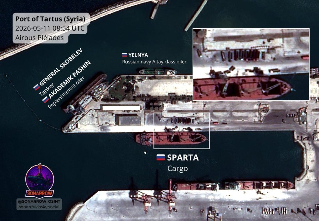 Annotated satellite imagery showing Russian vessels Sparta, General Skobelev, Akademik Pashin, and Yelnya at Syria’s port of Tartus on May 11, 2026. (Source: SONARROW_OSINT)
