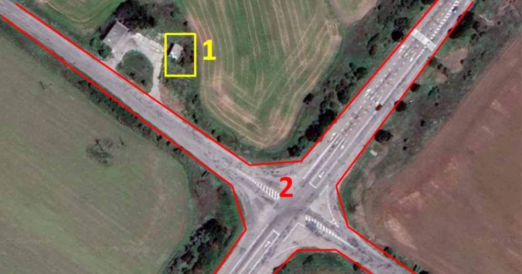 Vista satelital aérea de la intersección y el edificio identificados como el lugar del concierto de SHAMAN. (Fuente: Molfar)