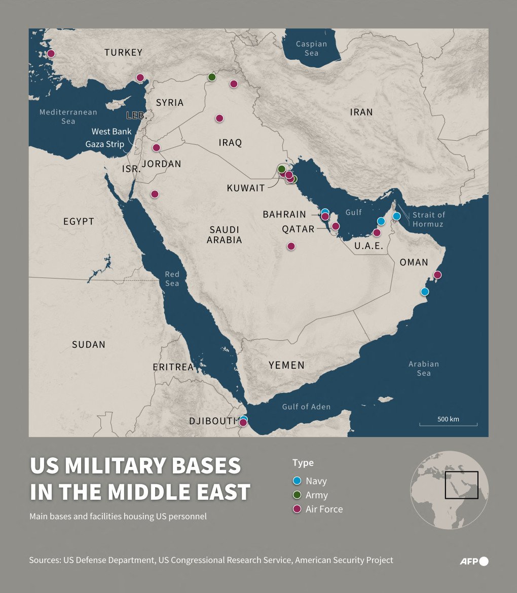 Infographic with a map showing the location of the main US military bases and facilities in the Middle East (Source: Getty Images)
