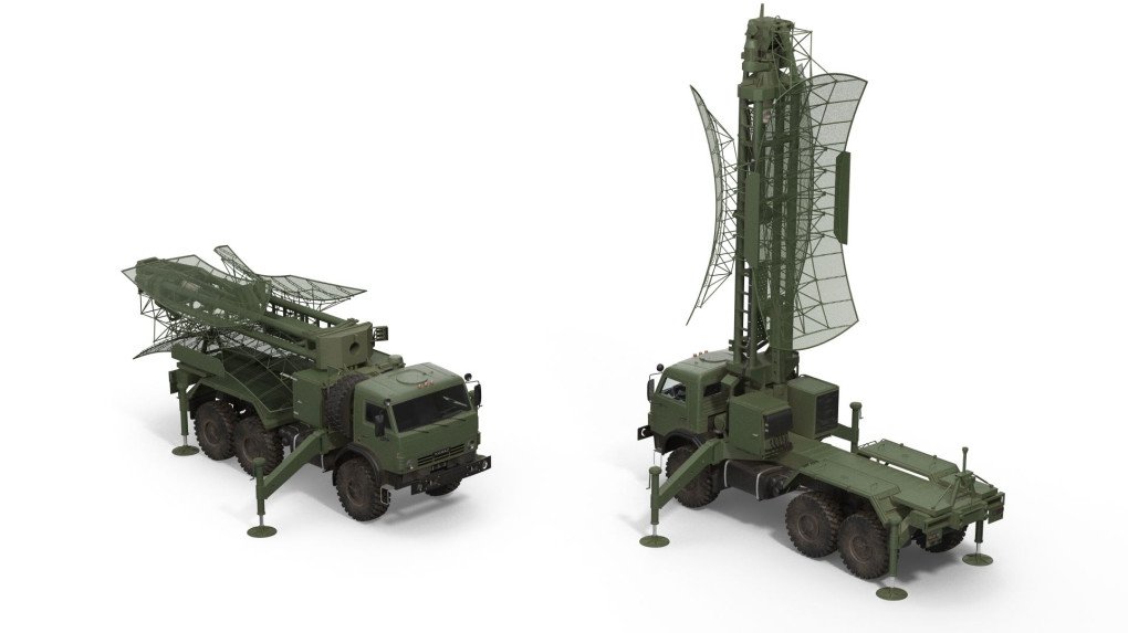 Dos configuraciones del sistema de radar ruso Kasta-2E2: en posición de transporte (izquierda) y desplegado (derecha). (Fuente: Free3D)