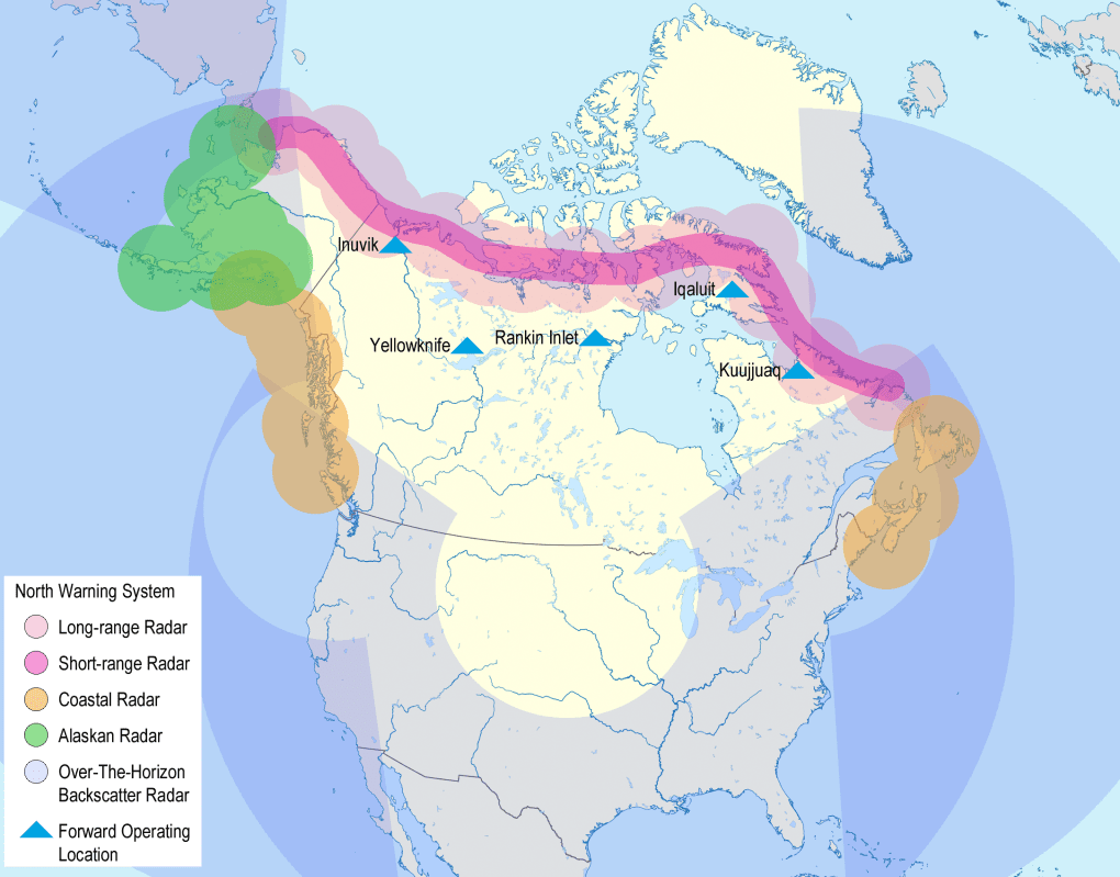 The North Warning System, envisioned by Canada and the US in 1987. (Source: Wikimedia)