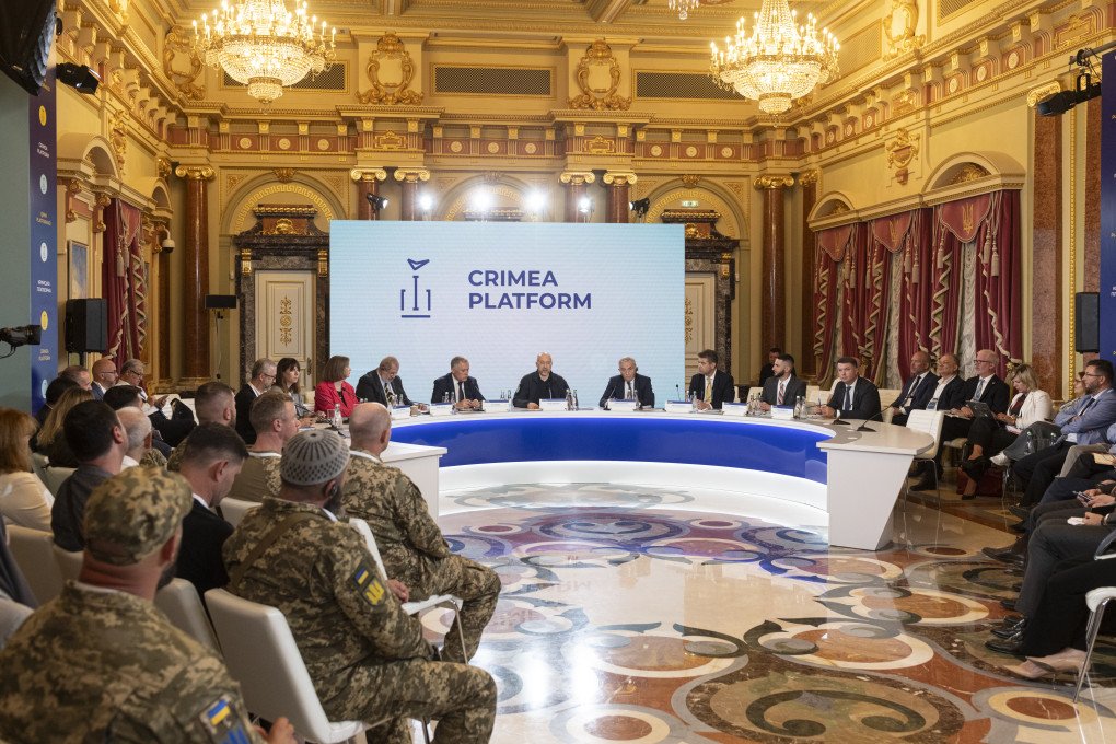 (L-R) Сhairman of the Mejlis of the Crimean Tatar people Refat Chubarov, Deputy Head of the Office of the President of Ukraine Igor Zhovkva, Prime Minister of Ukraine Denys Shmyhal, Secretary General of the Organization of the Black Sea Economic Cooperation Lazar Comanescu and Deputy Foreign Minister Yevhen Perebyinis during 4th Summit of the Crimean Platform on September 11, 2024 in Kyiv, Ukraine. (Photo by Viktor Fridshon/Global Images Ukraine via Getty Images) (L-R) Сhairman of the Mejlis of the Crimean Tatar people Refat Chubarov, Deputy Head of the Office of the President of Ukraine Igor Zhovkva, Prime Minister of Ukraine Denys Shmyhal, Secretary General of the Organization of the Black Sea Economic Cooperation Lazar Comanescu and Deputy Foreign Minister Yevhen Perebyinis during 4th Summit of the Crimean Platform on September 11, 2024 in Kyiv, Ukraine. (Photo by Viktor Fridshon/Global Images Ukraine via Getty Images)