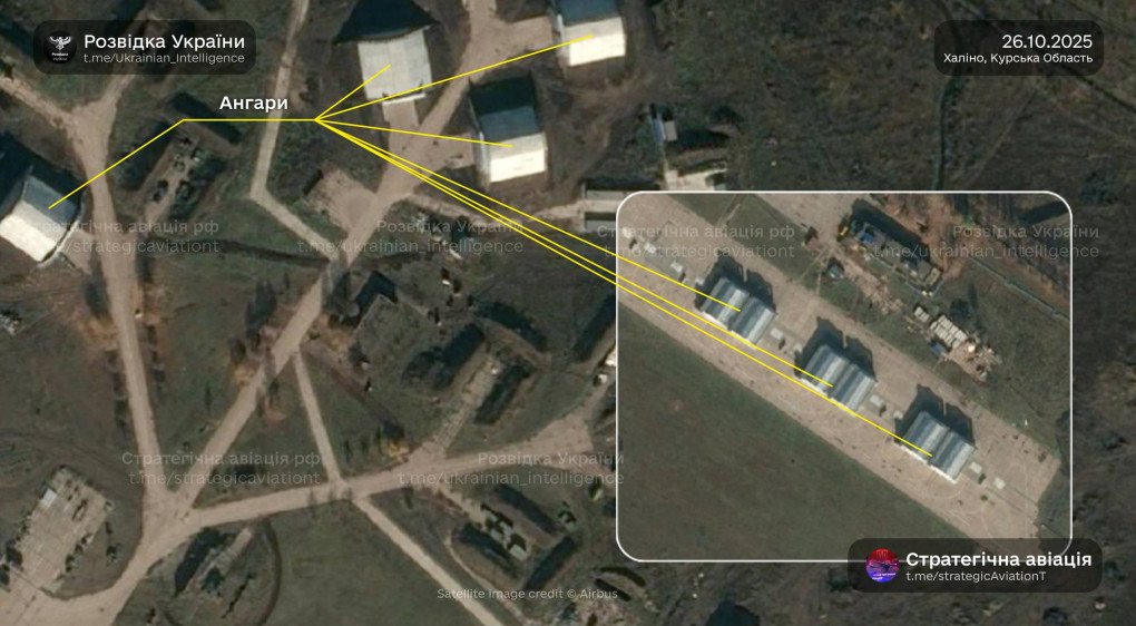 Fortified hangars and an air defense unit positioned at the Khalino airbase in Russia’s Kursk region on October 26, 2025. (Source: “Strategic Aviation” project)