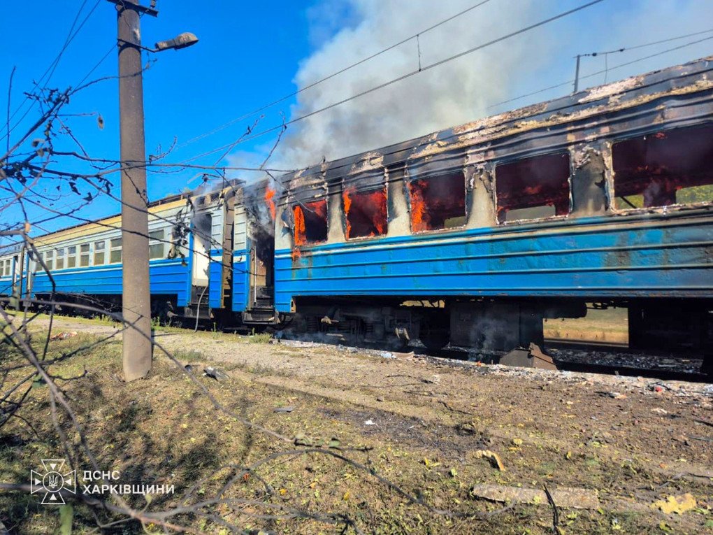 A commuter electric train burns after a Russian drone attack on a railway station in the Novovodolazka community of Ukraine’s Kharkiv region on September 18, 2026. (Source: State Emergency Service of Ukraine)
