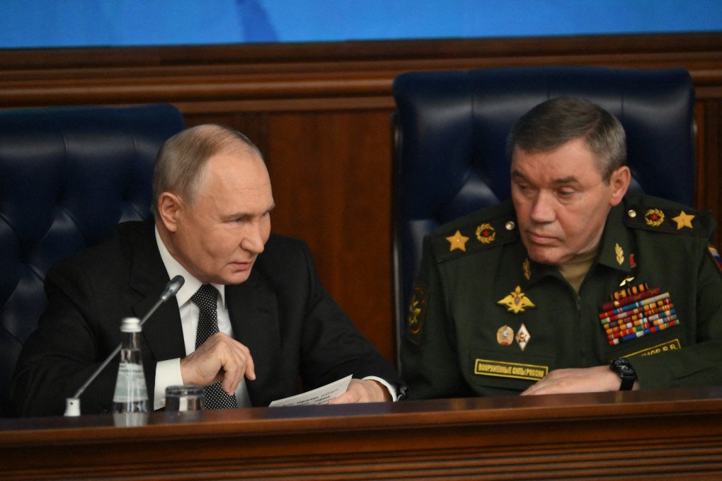 Russian leader Vladimir Putin and Chief of the General Staff Valery Gerasimov attend an expanded meeting of the Russian Defence Ministry Board at the National Defence Control Centre in Moscow on December 16, 2024. (Source: Getty Images)