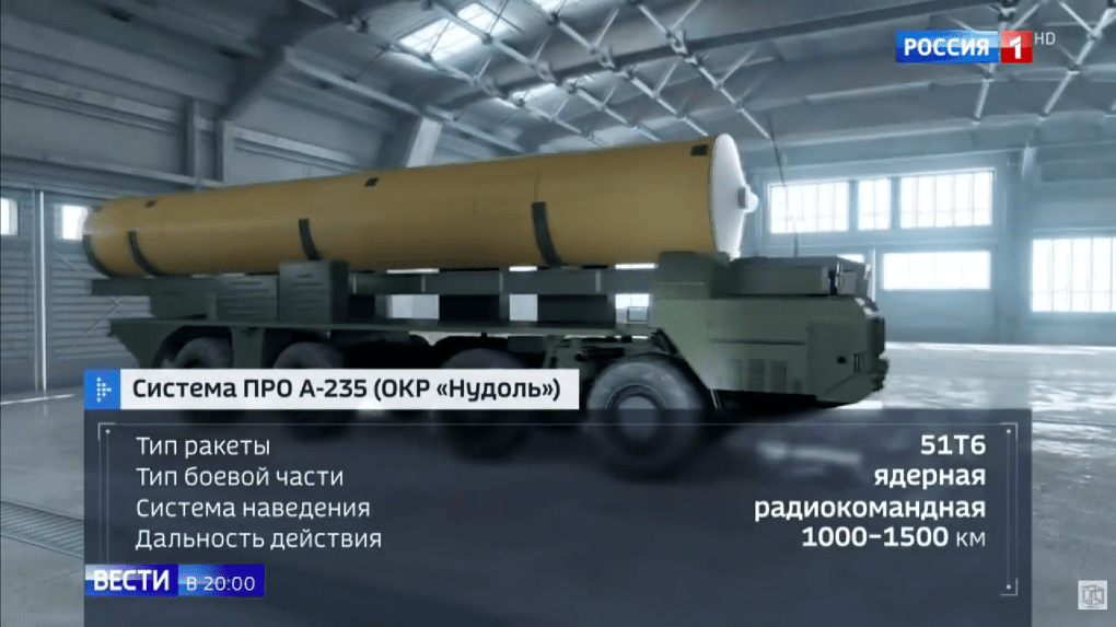 Computer rendering presented by Russian media as the A-235 Nudol missile defense system. (Source: Rossiya-1 TV channel)
