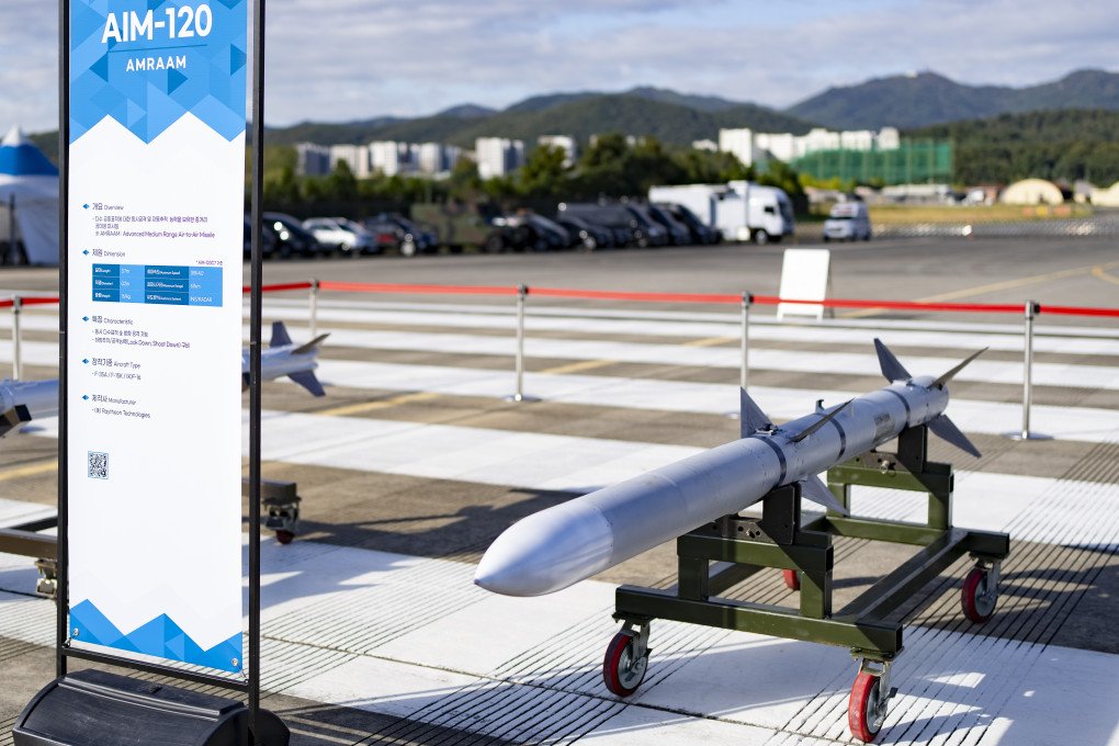 An AIM-120 AMRAAM air-to-surface missile is displayed during the Seoul International Aerospace and Defense Exhibition (ADEX 2025) at Seoul Air Base in Seongnam, Gyeonggi Province, South Korea, on October 17, 2025. (Source: Getty Images)