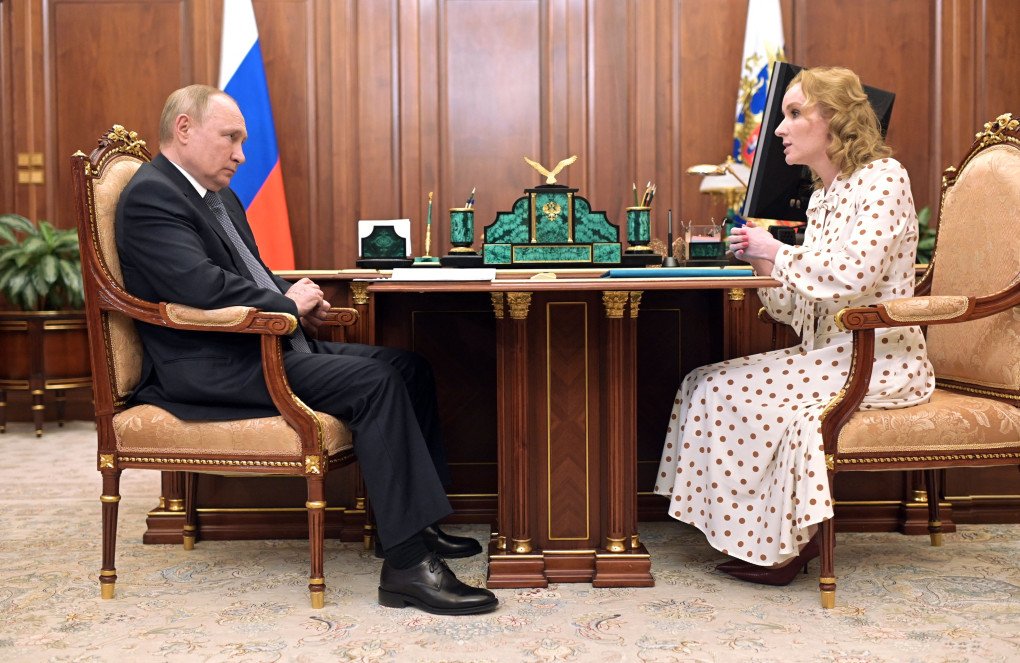 Russian leader Vladimir Putin meets with Commissioner for Children’s Rights Maria Lvova-Belova at the Kremlin in Moscow on March 9, 2022. (Source: Getty Images) Russian leader Vladimir Putin meets with Commissioner for Children’s Rights Maria Lvova-Belova at the Kremlin in Moscow on March 9, 2022. (Source: Getty Images)
