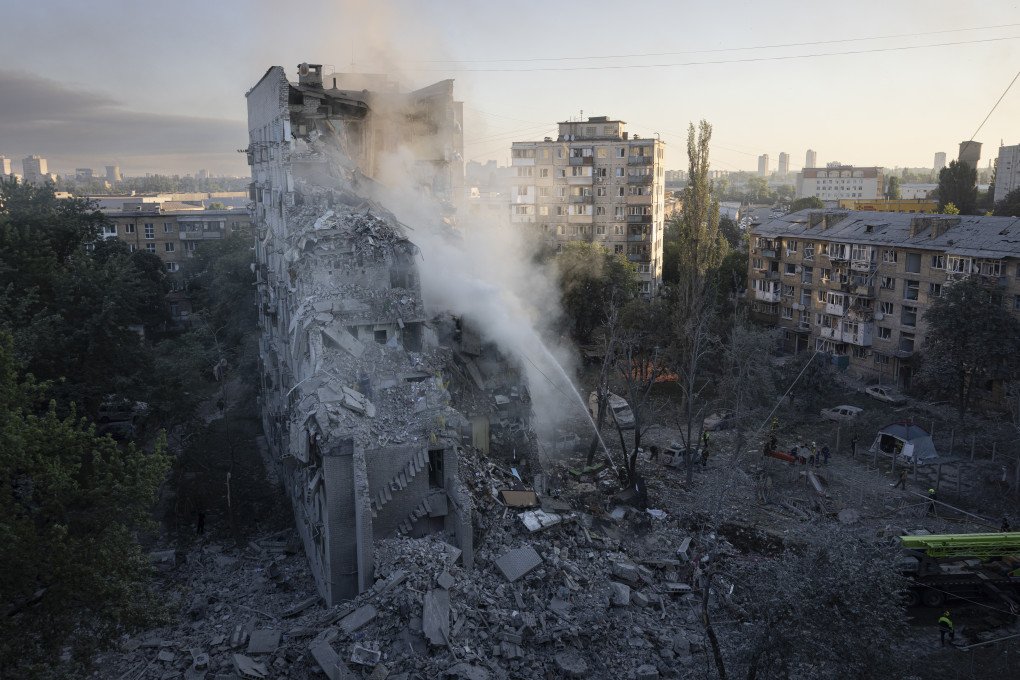 A general view of a destroyed building after a drone and missile attack by Russian forces on July 2, 2026 in Kyiv, Ukraine. According to Ukrainian authorities, Russia launched dozens of drones, cruise missiles and ballistic missiles during the overnight attack.  (Photo by Danylo Dubchak/Frontliner/Getty Images)