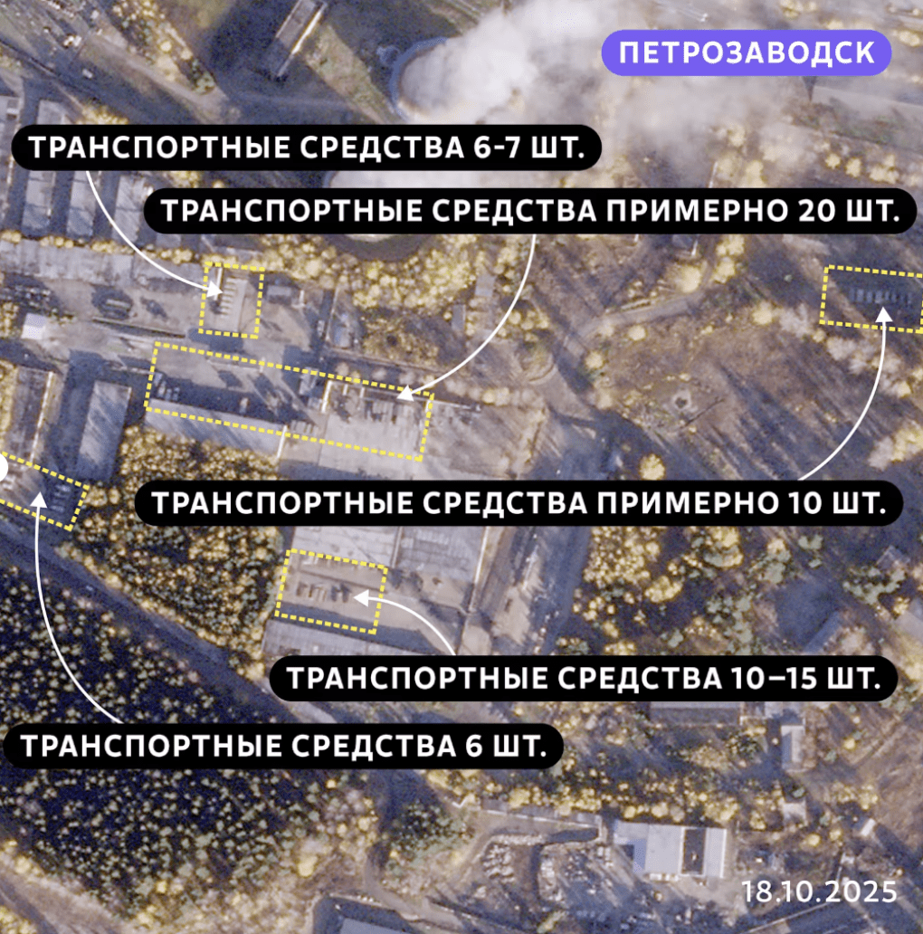 Significant vehicle buildup detected at Petrozavodsk military site, with approximately 50 units visible across multiple zones. (Photo: Juha Rissanen / Yle)
