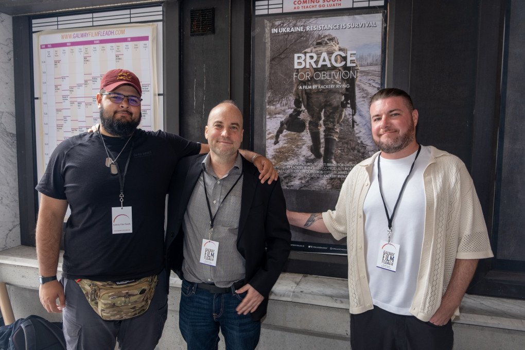 Bohdan Patel and Xackery Irving with editor James Feeney who traveled from the US to the premiere in Galway, Ireland. July, 2026. (Photo: Claire Sheehan/Galway Film Fleadh)