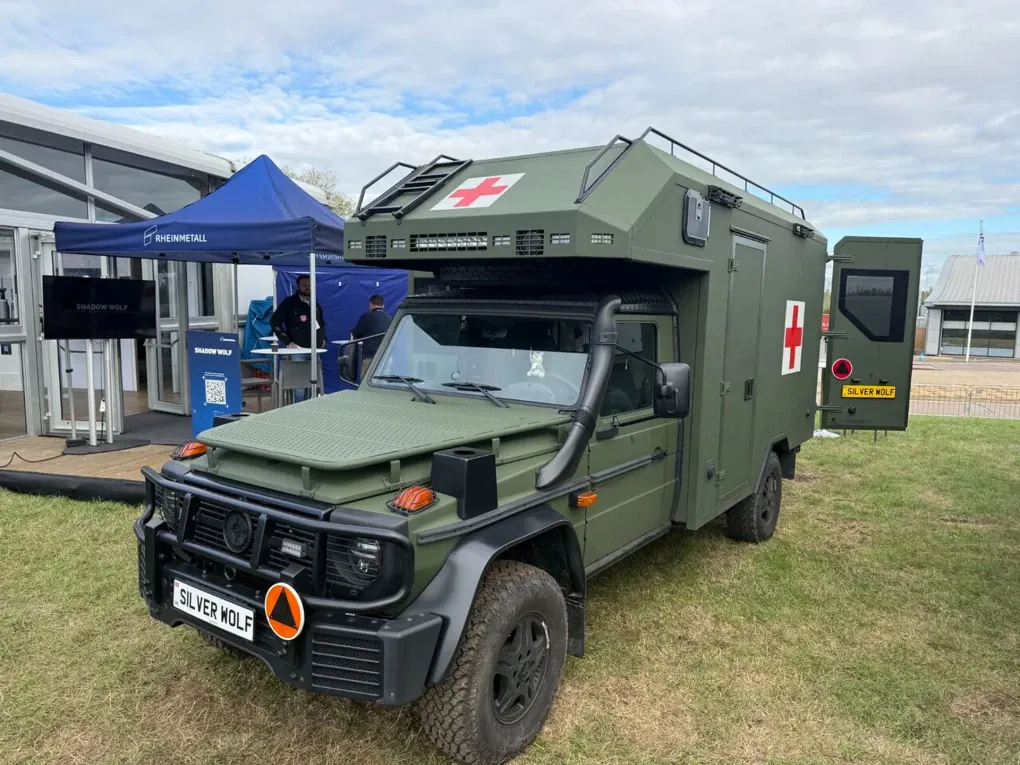 The Silver Wolf light tactical vehicle in an ambulance configuration, based on the Mercedes-Benz G-Class, displayed at DVD 2026 in the UK. 