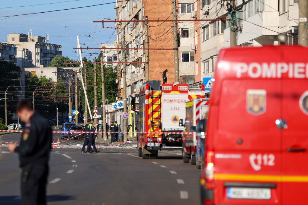 A view shows destruction caused by a Russian drone hitting an apartment building in the eastern city of Galati, Romania, on May 29, 2026. (Photo by Stringer via Getty Images)