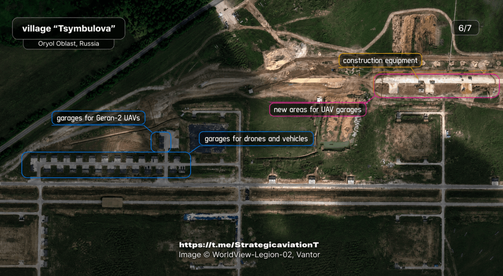 Satellite image showing Geran-2 drone garages and new UAV storage facilities under construction at Russia’s Tsymbulova drone base. (Source: Strategic Aviation) Satellite image showing Geran-2 drone garages and new UAV storage facilities under construction at Russia’s Tsymbulova drone base. (Source: Strategic Aviation)