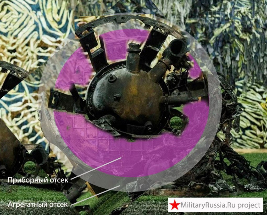 Recovered component from Russia’s “Oreshnik” missile, showing the internal structure of the instrument and service sections. Highlighted overlay corresponds to presumed layout. (Photo: MilitaryRussia.Ru project)