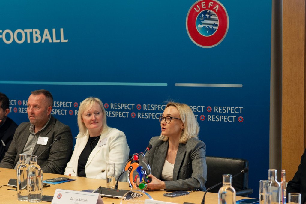 Olena Balbek speaks at the UEFA Grassroots Awards ceremony in Nyon, Switzerland. (Source: press office)