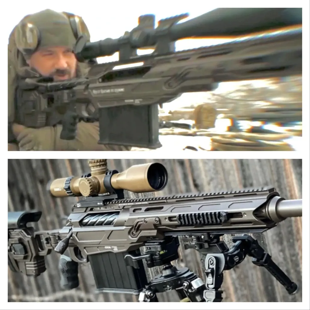 Photo comparison: Russian sniper rifles seen in social media videos (top) and Canadian-made Cadex Defence firearms (bottom). (Source: Global News)