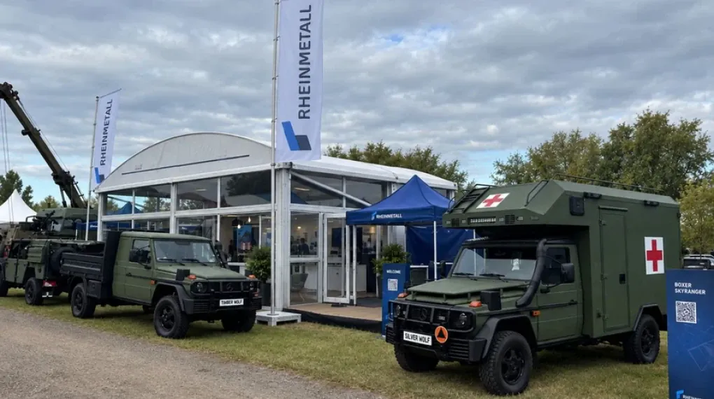 Rheinmetall and Mercedes-Benz’s Timber Wolf and Silver Wolf tactical vehicles on display at DVD 2026 in the UK.