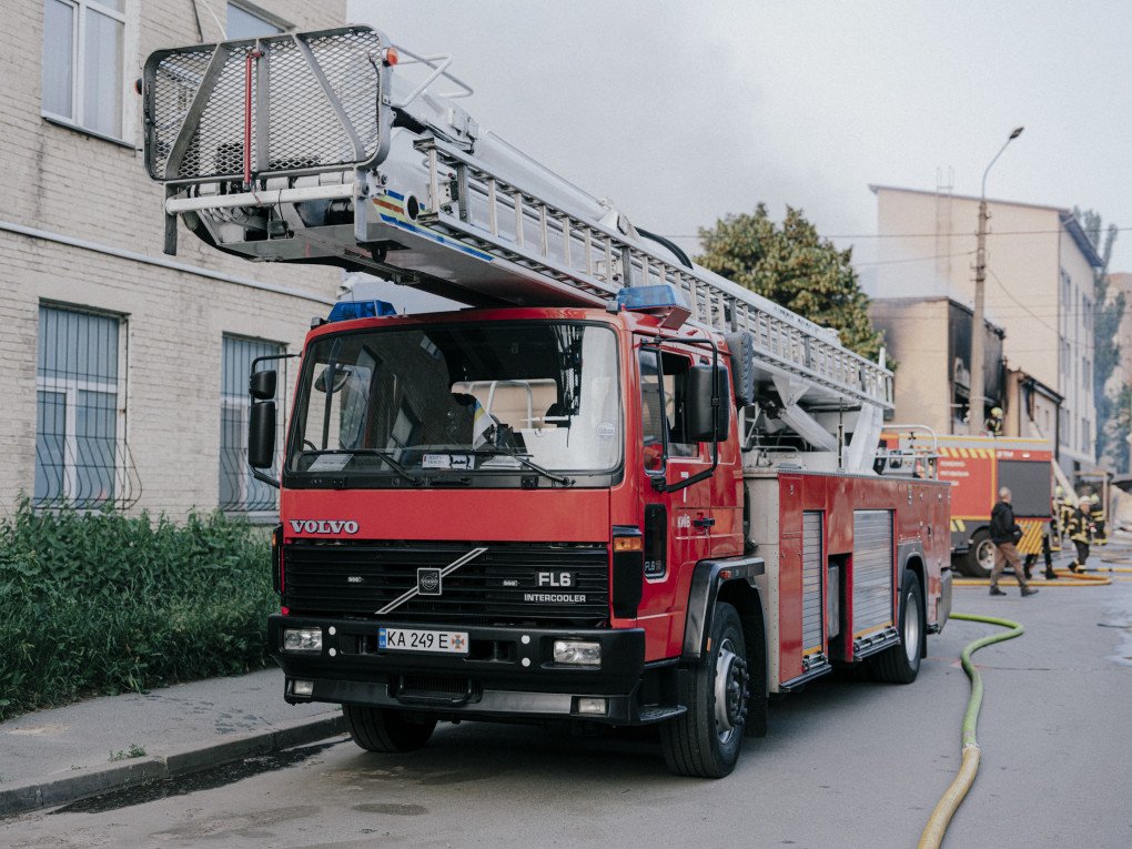 A ladder platform vehicle donated by FIRE AID in Kyiv after a massive Russian attack. (Photo: Edward Matthews)