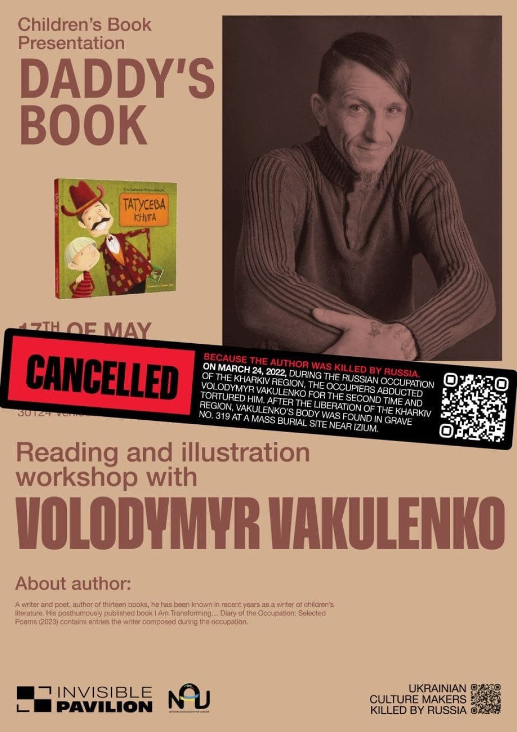 Poster from the "Invisible Pavilion" campaign depicts children’s author Volodymyr Vakulenko. (Source: press office)