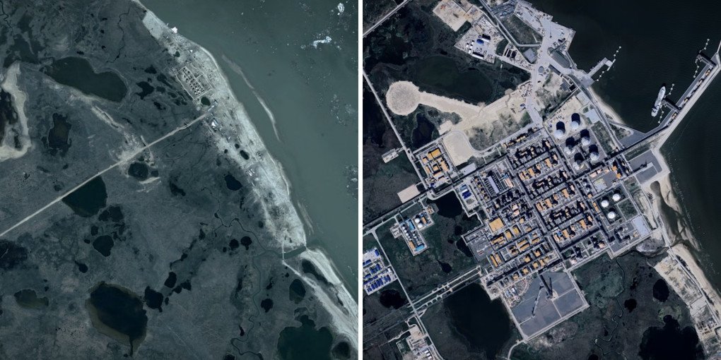 Satellite images show the expansion of LNG infrastructure near Sabetta on Russia’s Yamal Peninsula between 2009 and 2025. (Source: Business Insider, Google, Landsat, Copernicus, Airbus) Satellite images show the expansion of LNG infrastructure near Sabetta on Russia’s Yamal Peninsula between 2009 and 2025. (Source: Business Insider, Google, Landsat, Copernicus, Airbus)