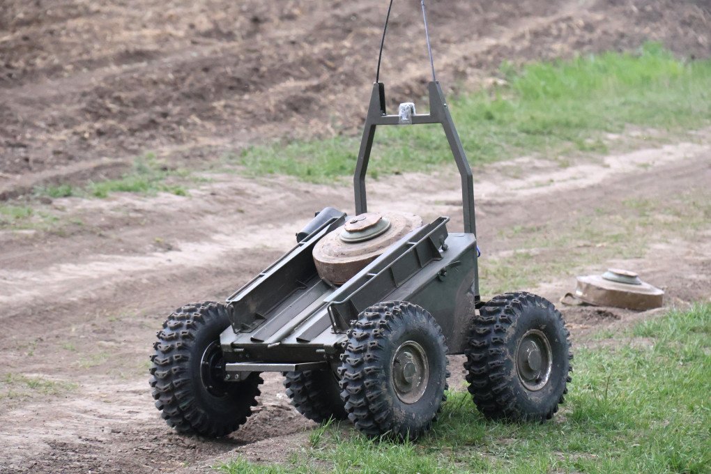 A ground robotic platform for mining, Dwarf Miner, is seen during the training of operators of ground robotic systems and experts of other specialties for a unit of the AFU Land Forces in Ukraine, on May 1, 2025 (Photo by Pavlo Bahmut via Getty Images)