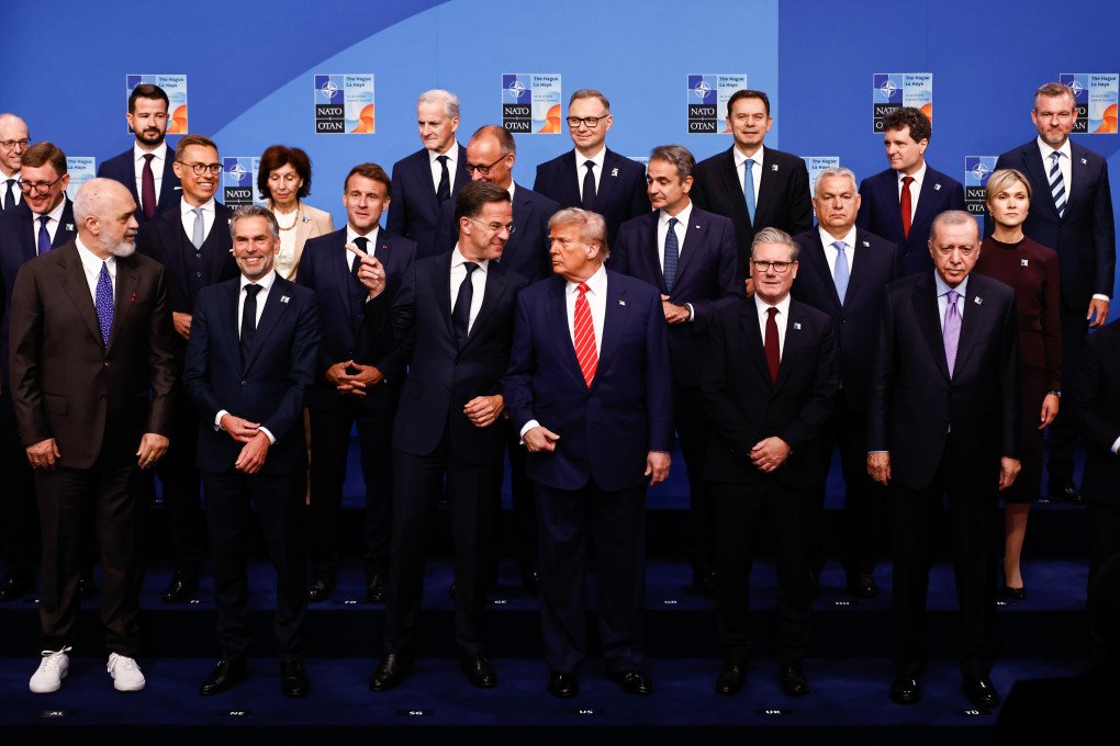 Mark Rutte, NATO Secretary General, US President Donald Trump, UK Prime Minister Keir Starmer, and other world leaders pose for a family photo during the NATO summit in The Hague on June 25, 2025. (Source: Getty Images)