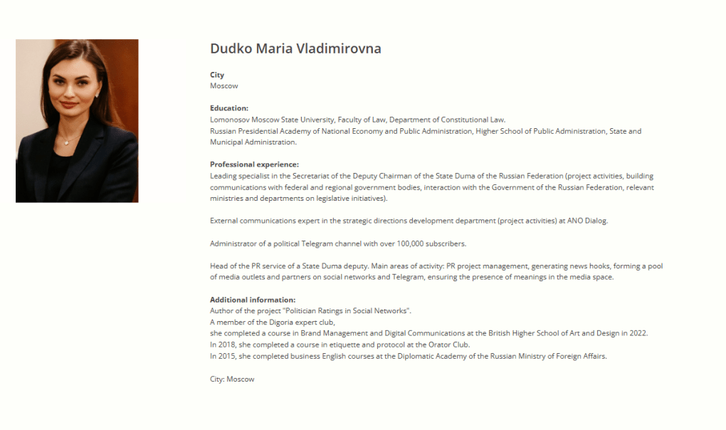 An online document showcasing Maria Dudko’s working history. (Source: Open source)