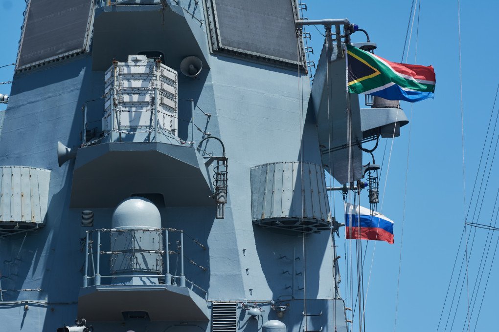 Russian and South African flags fly from the Russian frigate Admiral Gorshkov, ahead of naval drills between Russia, South Africa and China, in Richards Bay, South Africa, on Wednesday, Feb. 22, 2023. (Photo: Waldo Swiegers via Getty Images)