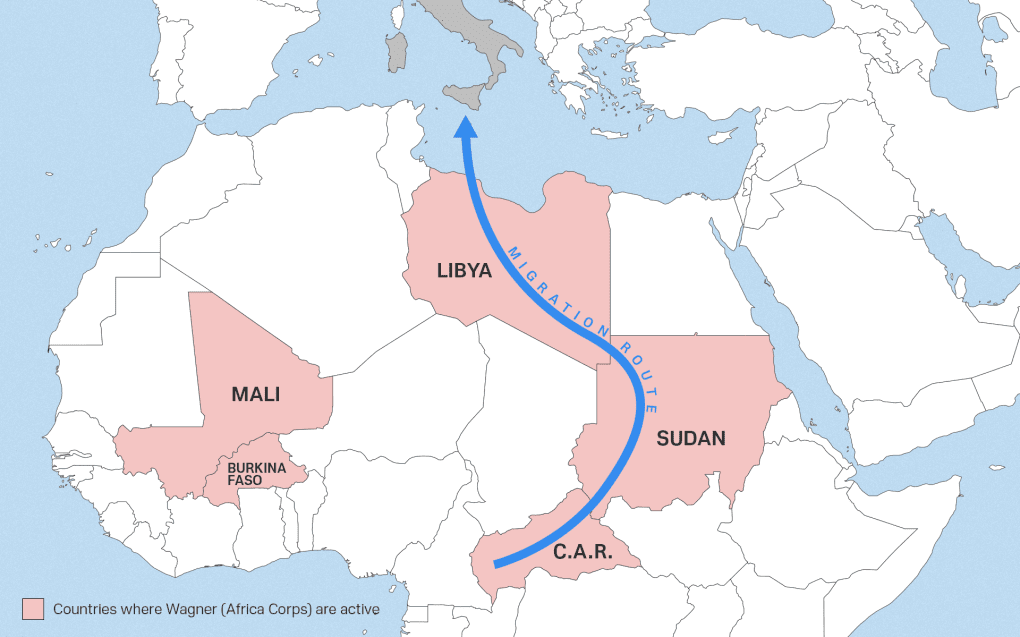 A map showing countries where Wagner (Africa Corps) are active, and migration routes through Africa to the Central Mediterranean. (Based on information published in the Telegraph) A map showing countries where Wagner (Africa Corps) are active, and migration routes through Africa to the Central Mediterranean. (Based on information published in the Telegraph)