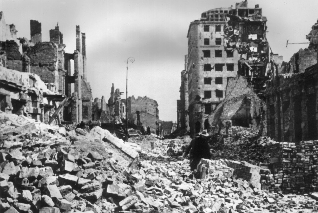 This photograph, taken in September 1939, shows rubble and ruined buildings covering the streets after the German bombing of Warsaw, Poland. (Photo by Hulton Archive via Getty Images) This photograph, taken in September 1939, shows rubble and ruined buildings covering the streets after the German bombing of Warsaw, Poland. (Photo by Hulton Archive via Getty Images)