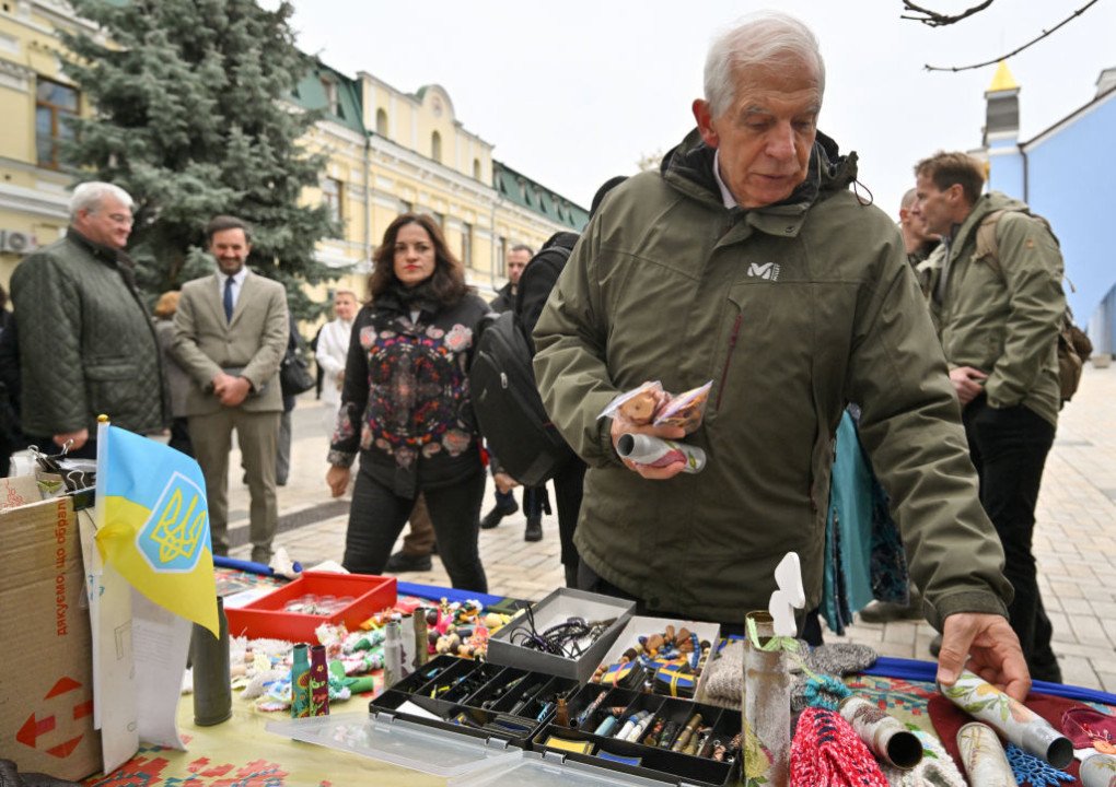 High Representative of the European Union for Foreign Affairs and Security Policy Josep Borrell buys cartridges of a large-caliber machine gun decorated with a pattern and other souvenirs sold by volunteers to raise money for the needs of the Ukrainian army, during a visit the Saint Michael’s Cathedral in Kyiv, on November 9, 2024. (Getty Images) High Representative of the European Union for Foreign Affairs and Security Policy Josep Borrell buys cartridges of a large-caliber machine gun decorated with a pattern and other souvenirs sold by volunteers to raise money for the needs of the Ukrainian army, during a visit the Saint Michael’s Cathedral in Kyiv, on November 9, 2024. (Getty Images)