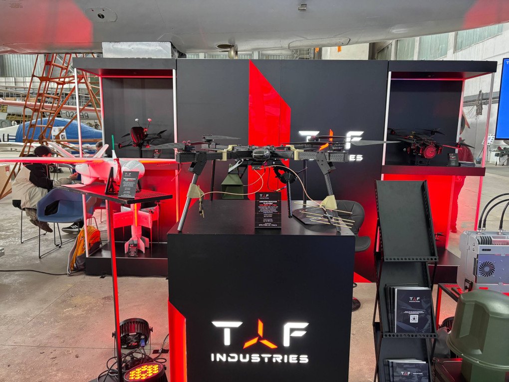 TAF Industries stand, presenting multiple drones and EW systems, May 1, 2026. (Source: UNITED24 Media/Vladyslav Litnarovych)