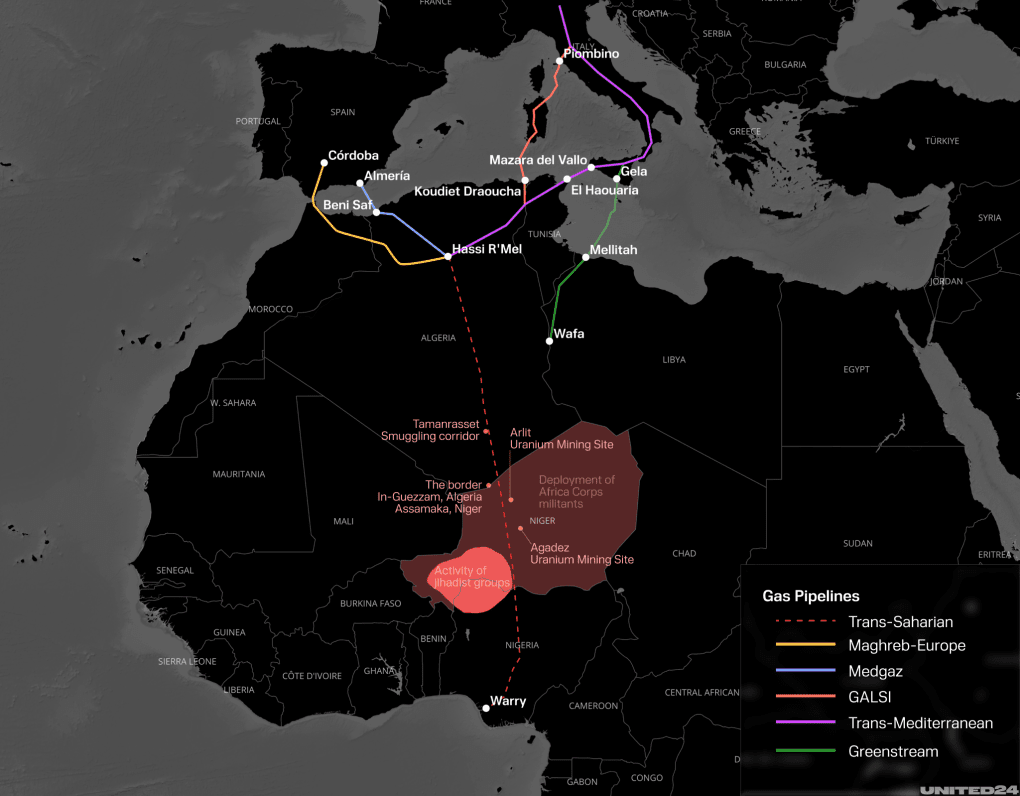 Map of the Trans-Saharan Gas Pipeline project showing risk zones. (Illustration: UNITED24 Media) Map of the Trans-Saharan Gas Pipeline project showing risk zones. (Illustration: UNITED24 Media)
