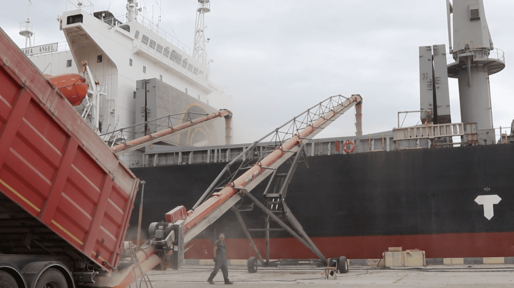 Grain is transferred from truck to ship via conveyor at a Black Sea port. Photo: Ukrainian Sea Ports Authority (USPA) Grain is transferred from truck to ship via conveyor at a Black Sea port. Photo: Ukrainian Sea Ports Authority (USPA)