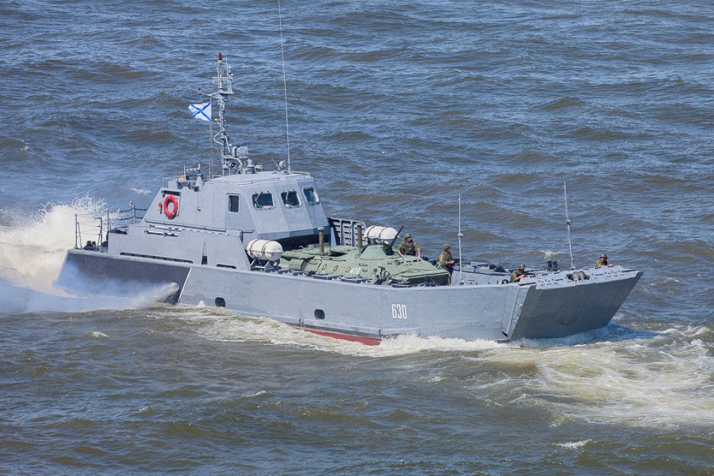 Serna class landing craft with a BTR-80 vehicle on board at the naval parade. (Source: Wikimedia)
