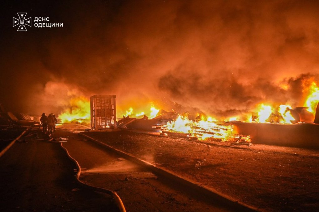 Emergency crews battle a large fire caused by a Russian attack on civilian infrastructure in Ukraine’s Odesa region. (Source: State Emergency Service)