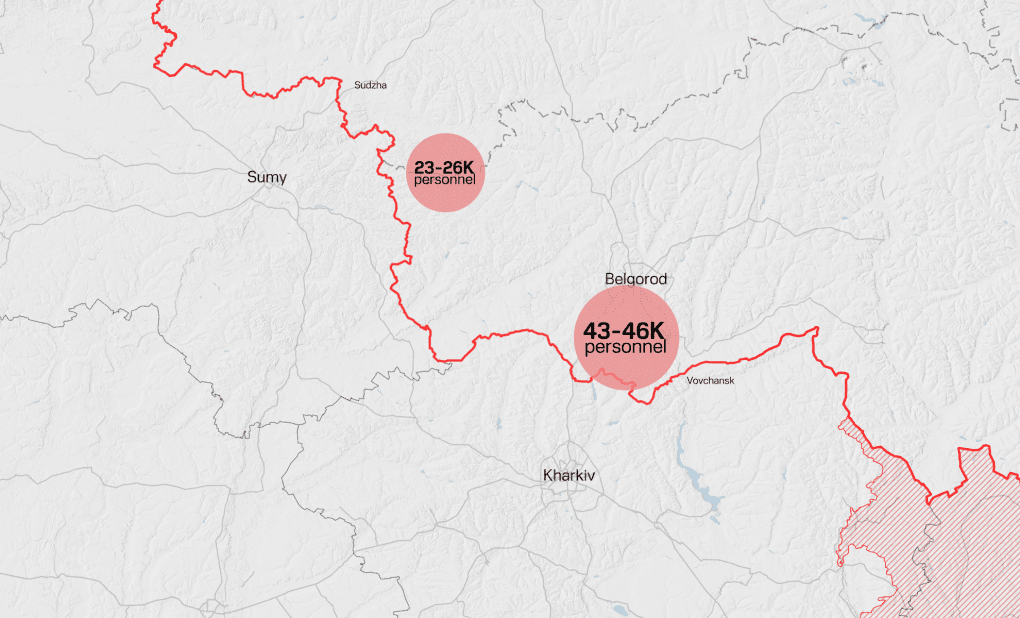 Russian troop concentrations in early 2024: 43–46K in Belgorod and 23–26K near Kursk, threatening Kharkiv and Sumy. Illustration: UNITED24 Media Russian troop concentrations in early 2024: 43–46K in Belgorod and 23–26K near Kursk, threatening Kharkiv and Sumy. Illustration: UNITED24 Media