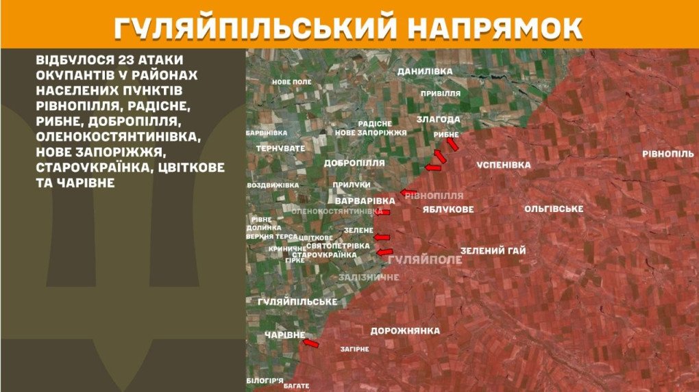 Mapa operativo de los ejes de Huliaipole y Zaporizhzhia, resaltando la inusual concentración de más de una veintena de asaltos terrestres de las fuerzas rusas a lo largo de los distintos asentamientos del sector sur.