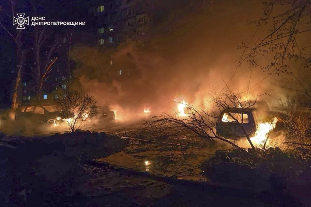 DNIPRO, APRIL 9, 2025: Cars burn following a Russian attack in Dnipro, Ukraine, on April 9, 2025. (Source: Ukrainian Emergency Service)