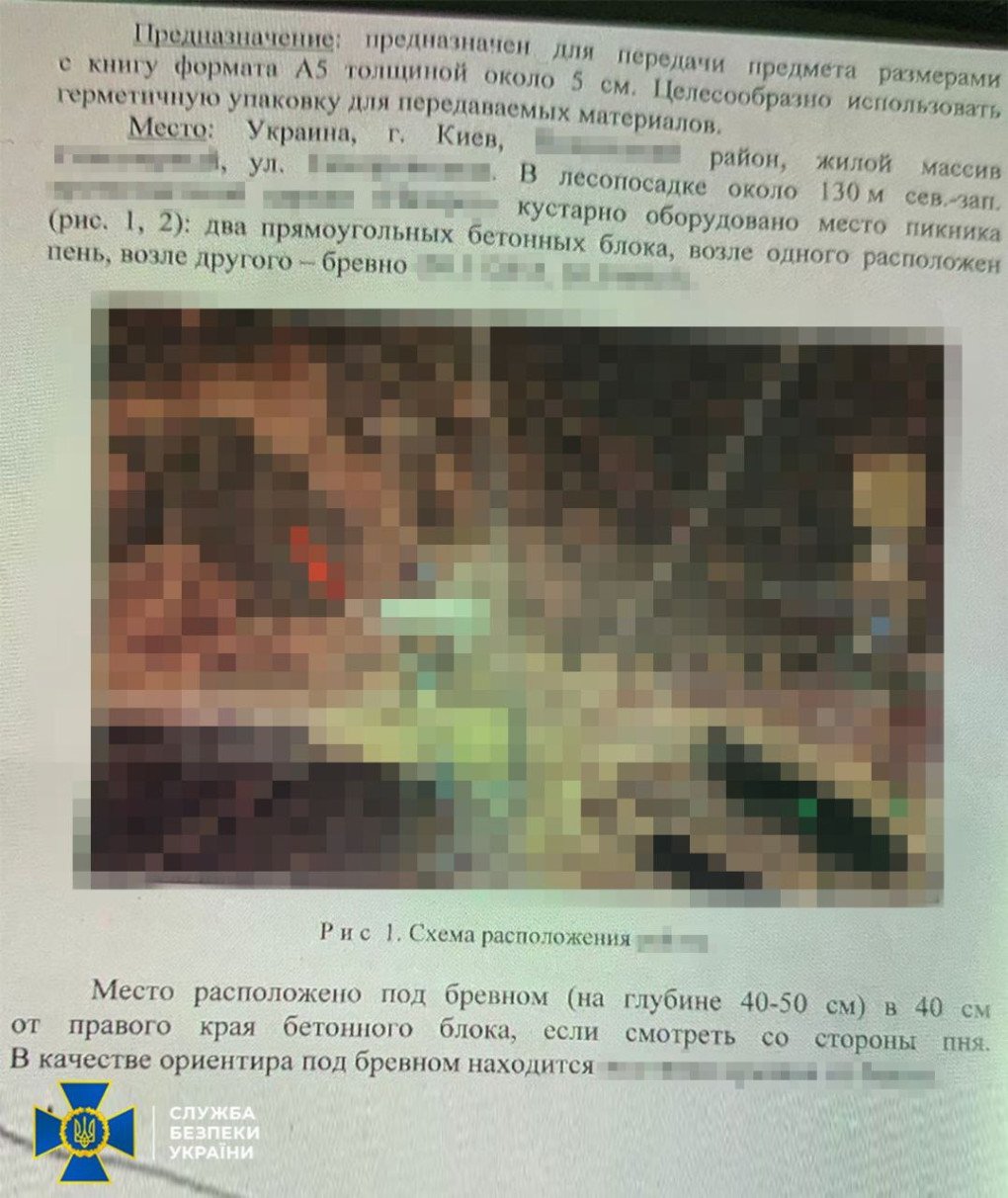 A printed instruction sheet details the location of a hidden cache site in a Kyiv forested area. (Source: Security Service of Ukraine) A printed instruction sheet details the location of a hidden cache site in a Kyiv forested area. (Source: Security Service of Ukraine)