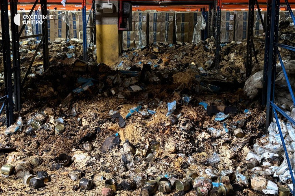 Debris fills the aisle of the UN World Food Programme warehouse in Dnipro after the drone strike. (Source: Suspilne Dnipro) Debris fills the aisle of the UN World Food Programme warehouse in Dnipro after the drone strike. (Source: Suspilne Dnipro)