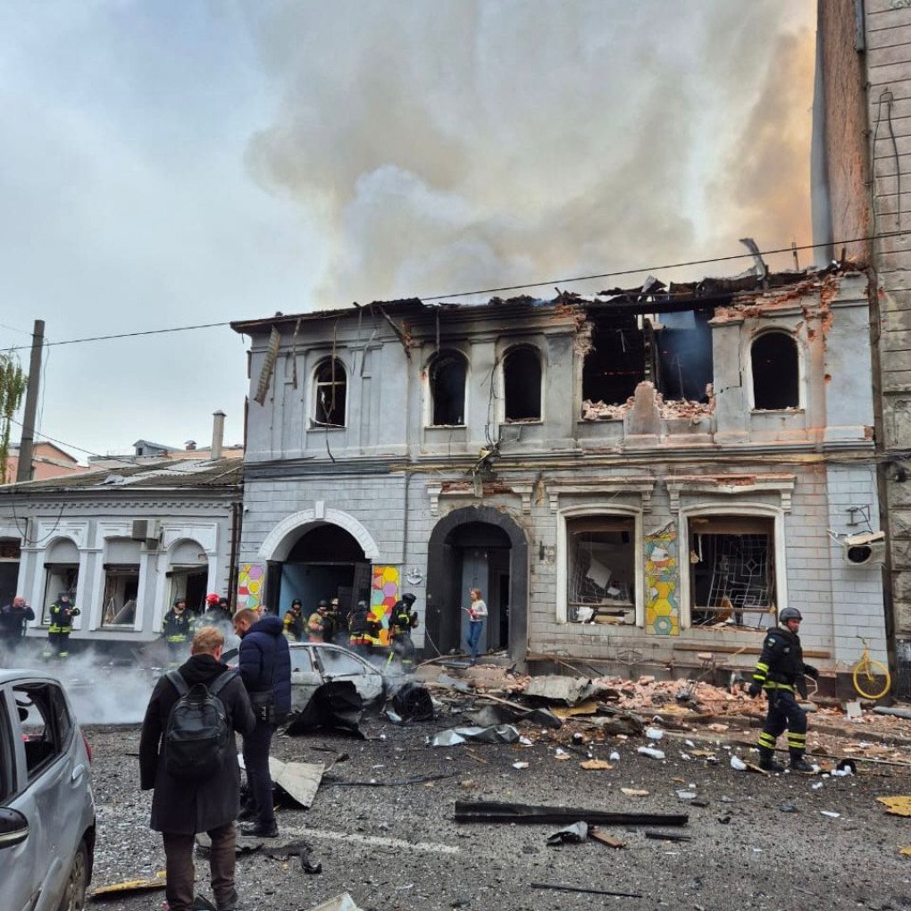 The destroyed kindergarten building in Kharkiv’s Kholodnohirskyi district smolders as emergency crews work at the scene of the October 22 Russian drone attack. (Source: Ukrainian President Volodymyr Zelenskyy)