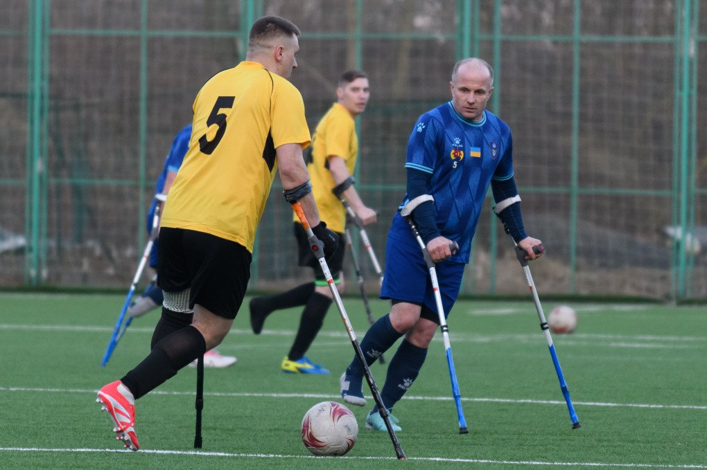 Amputee war veterans of FC Pokrova Lviv AMP (in blue) and League of Mighty combined amputee football team play a friendly football match at the Lviv stadium on March 8, 2025 in Lviv, Ukraine. (Source: Getty Images) Amputee war veterans of FC Pokrova Lviv AMP (in blue) and League of Mighty combined amputee football team play a friendly football match at the Lviv stadium on March 8, 2025 in Lviv, Ukraine. (Source: Getty Images)