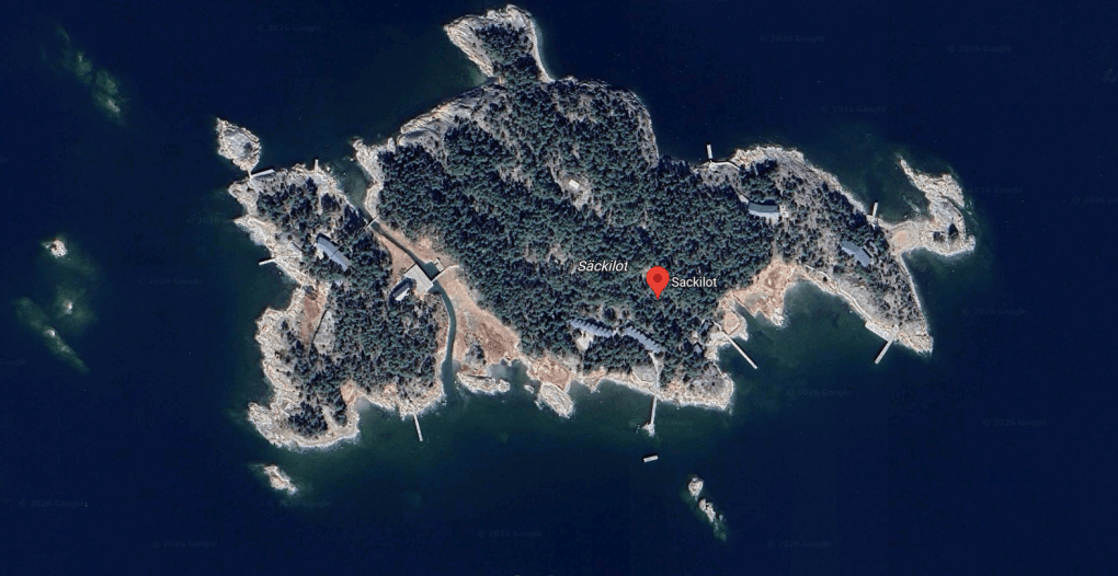 Säckilot, an island located in Southwest Finland, Finland. The island contains nine piers and a helipad. (Source: Google)