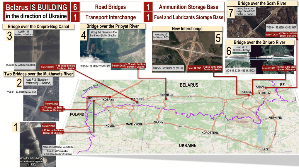 An intelligence infographic details ongoing military infrastructure preparations inside Belarus directed toward the Ukrainian border. (Source: Zelenskyy)