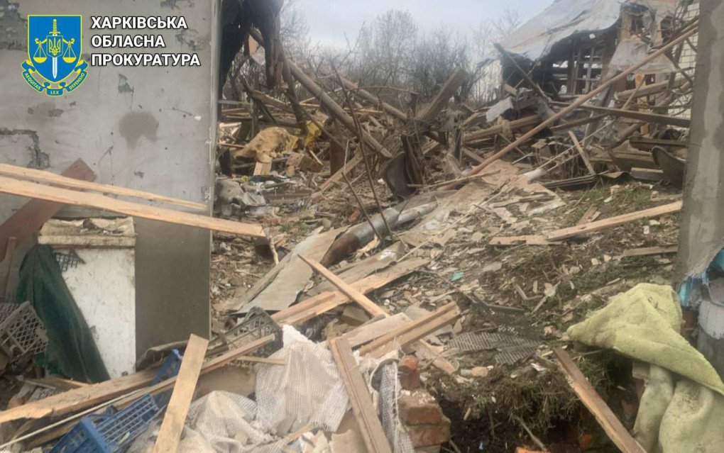 Aftermath of a Russian guided bomb strike on Ukrainian village in Kharkiv region, April 7, 2025. (Source: Kharkiv region prosecutors office/Telegram)
