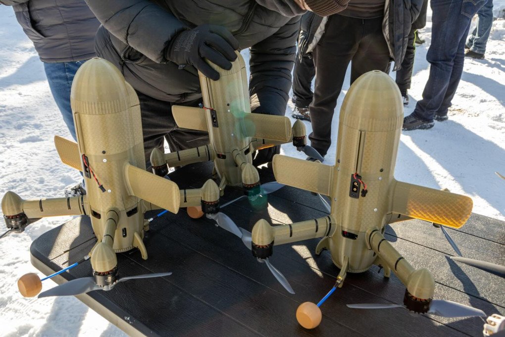 Ukrainian loitering munitions displayed during a defense technology demonstration. (Source: Brave1)