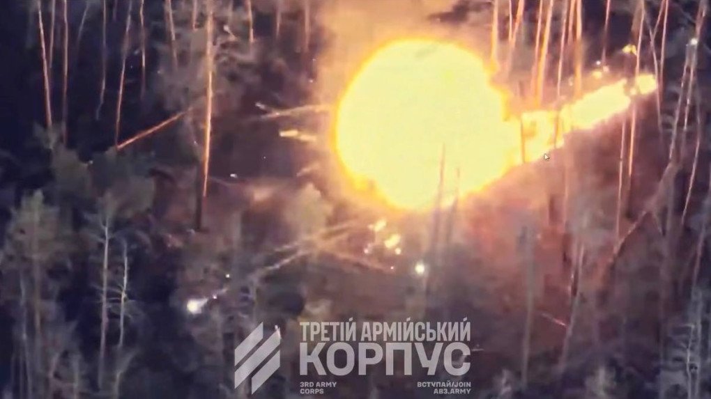 A still from a video published by Ukraine’s 3rd Army Corps shows a strike on a Russian military position in the Lyman sector. (Source: 3rd Army Corps)